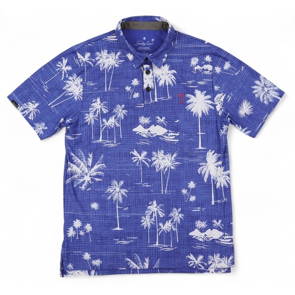 Sunday Crew Polo Shirt Mens Large Blue Palm Tree Hawaiian UPF 50 Summer Casual - Picture 1 of 13